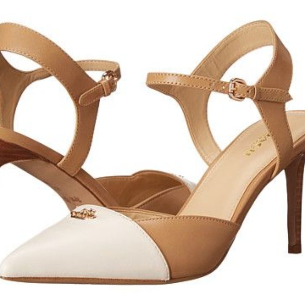 Coach Vierra Leather Heels size 9B tan-off white, 3 1/2 inch heel